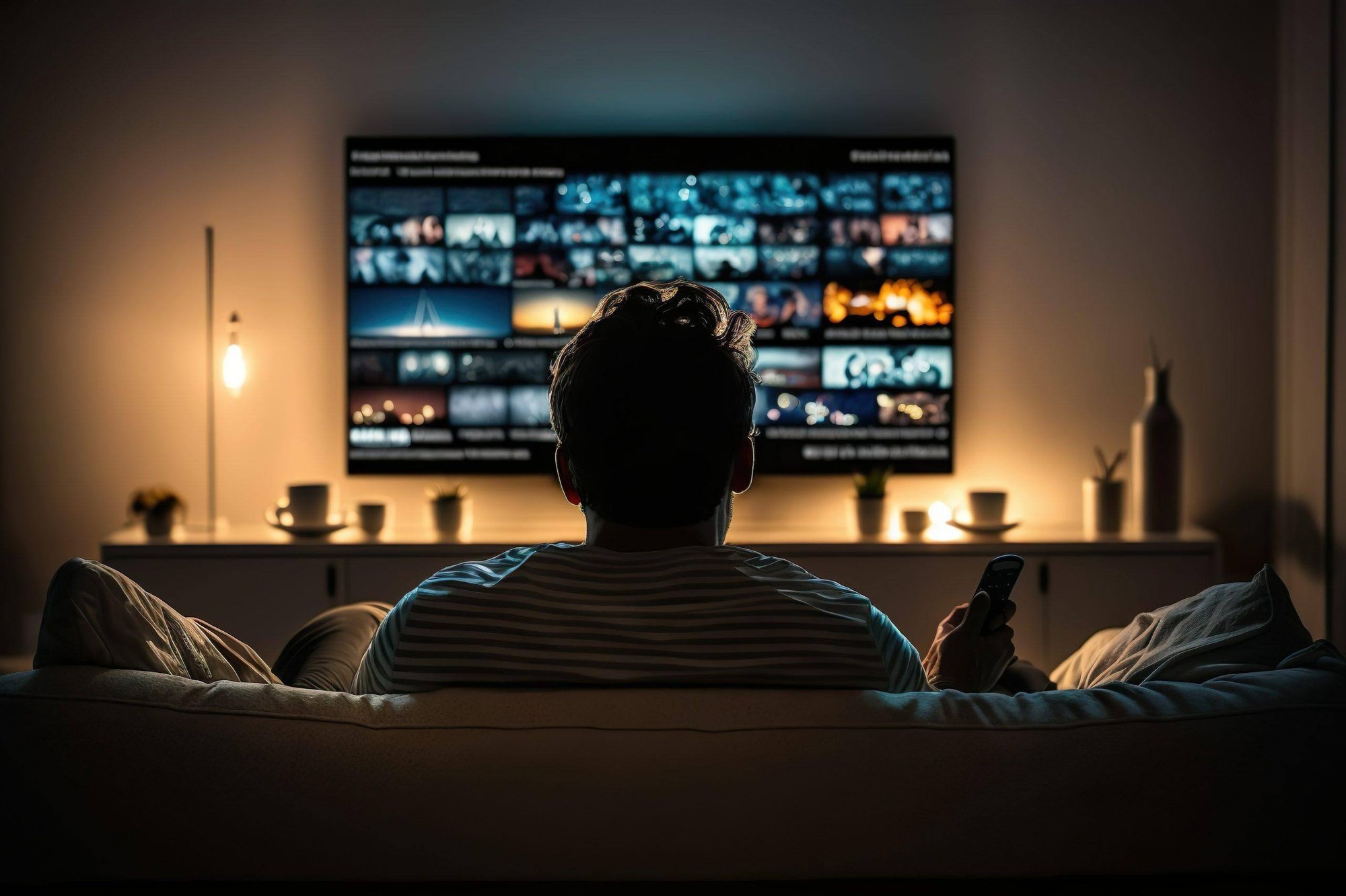 Man sitting on couch in dim room watching tv