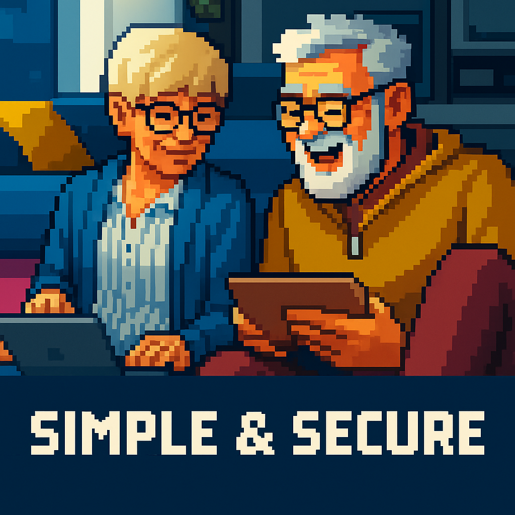 Pixelated elderly couple on tablets with Simple & Secure text Pixelated elderly couple on tablets with Simple & Secure text
