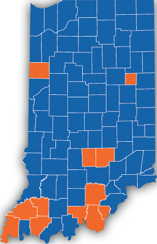 Image of Indiana broken up into counties, with the counties Mainstream serves highlighted. These highlighted counties are Posey, Gibson, Pike, Warrick, Crawford, Harrison, Floyd, Washington, Bartholomew, Brown, Blackford, and Benton.