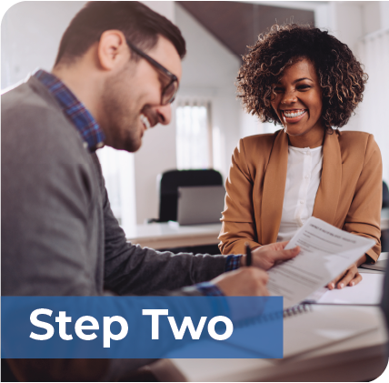 An image that says "Step Two" and shows a smiling young man and smiling young woman reviewing and signing a contract.