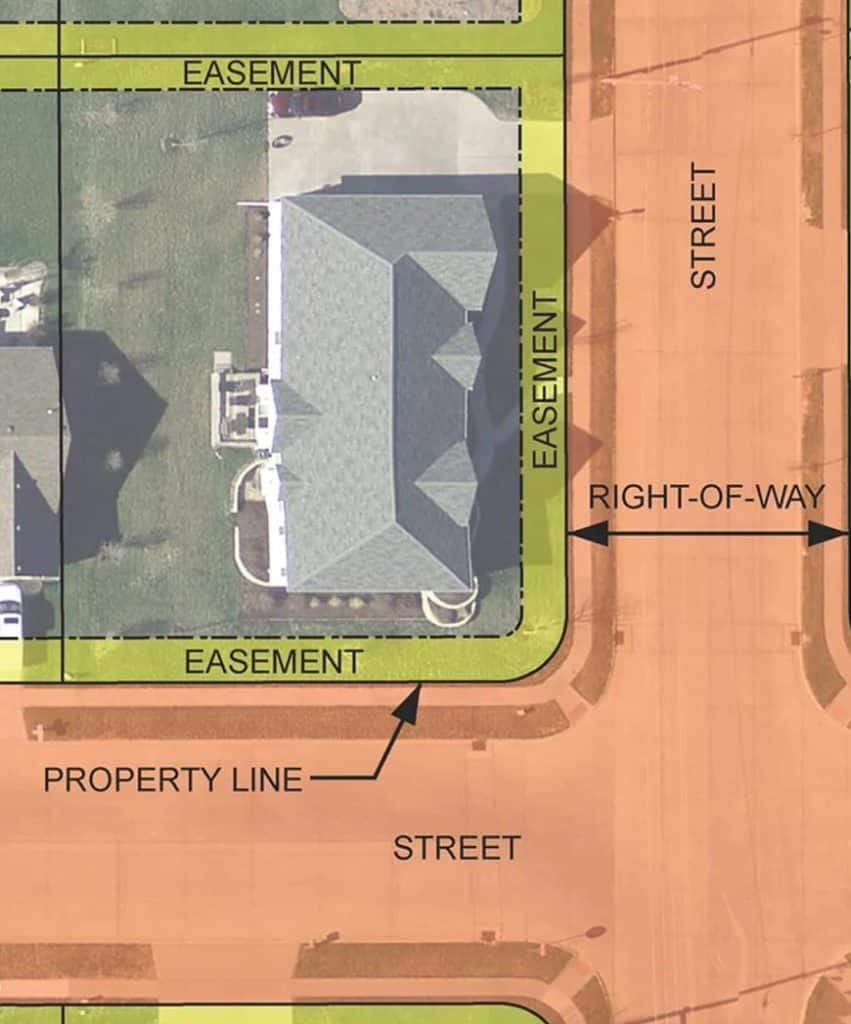 An aerial view of a house and street with "EASEMENT," "PROPERTY LINE," and "RIGHT-OF-WAY" labels.