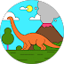 A cartoon orange brontosaurus stands in a green field with a tree, a smoking volcano, and a sun.